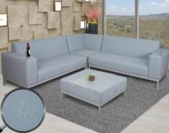 Ecksofa MCW-C47, Sofa Loungesofa Couch, Stoff/Textil Indoor Wasserabweisend ~ Blau Mit Ablage