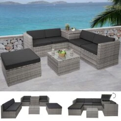 Poly-Rattan-Garnitur MCW-D21, Balkon-/Garten-/Lounge-Set Sofa Sitzgruppe, Box Staufach ~ Grau, Kissen Dunkelgrau