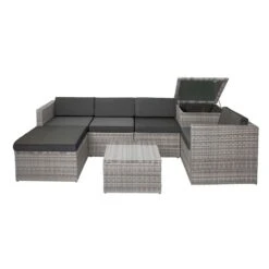 Poly-Rattan-Garnitur MCW-D21, Balkon-/Garten-/Lounge-Set Sofa Sitzgruppe, Box Staufach ~ Grau, Kissen Dunkelgrau -OUTSUNNY Shop 2061649007 prod 004