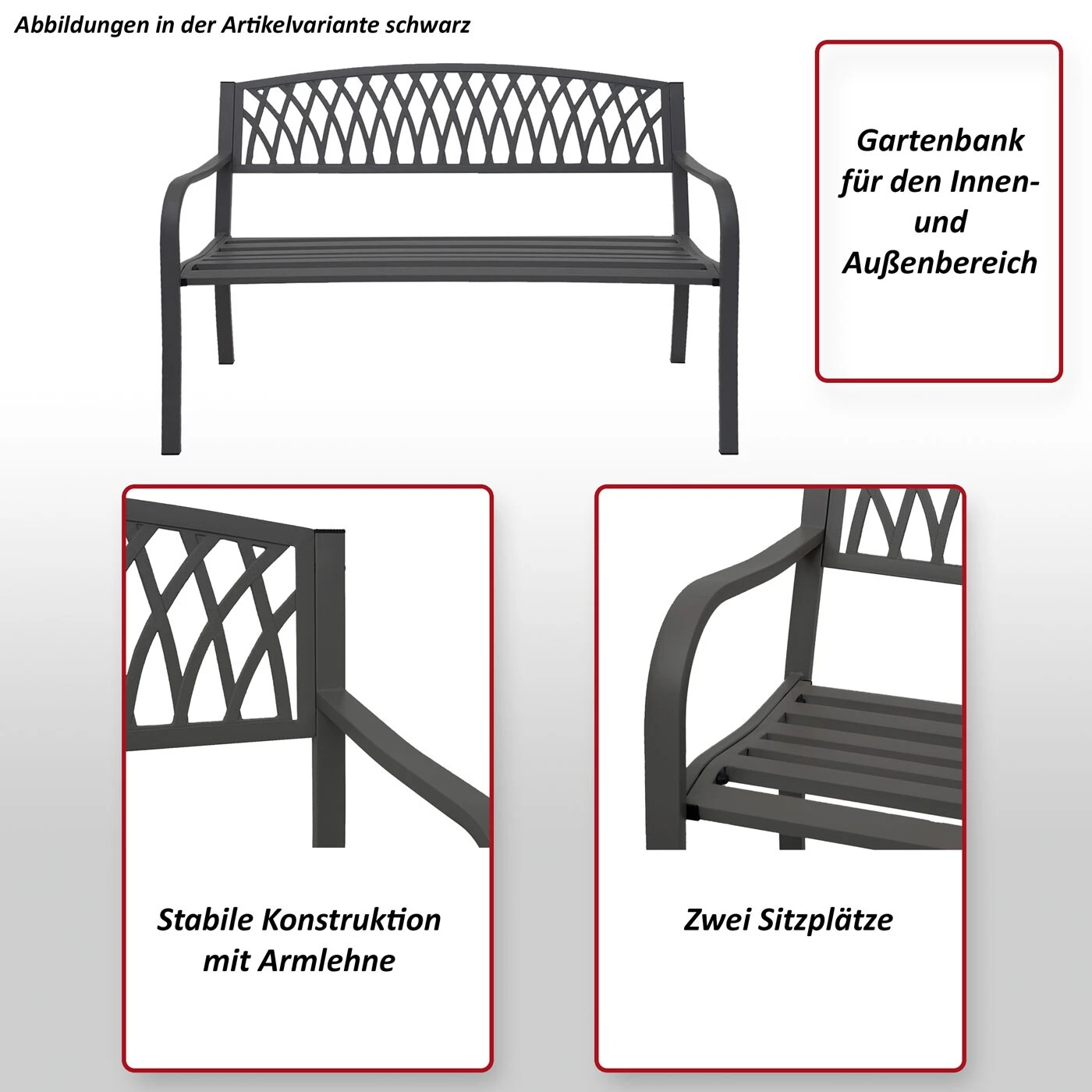 Gartenbank MCW-F45, Bank Parkbank Sitzbank, 2-Sitzer Pulverbeschichteter Stahl ~ Schwarz 4 Gartenbank MCW-F45, Bank Parkbank Sitzbank, 2-Sitzer Pulverbeschichteter Stahl ~ Schwarz – Bild 2