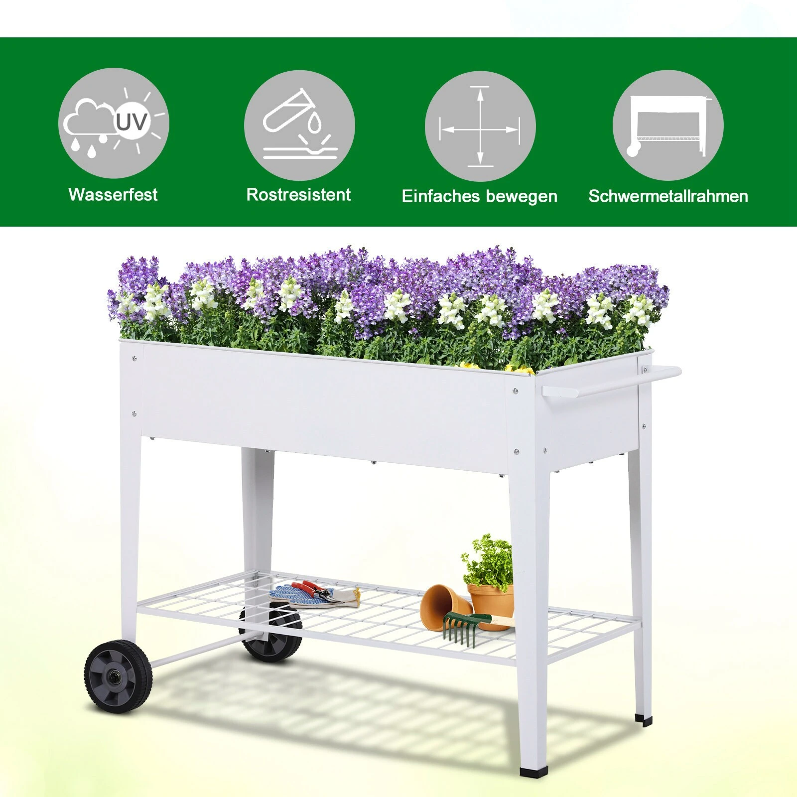 Outsunny Mobiler Pflanzenwagen Mit Stauraum Weiß 107,5 X 50 X 80 Cm (LxBxH) | Pflanzenbeet Hochbeet Kräuterbeet Pflanzkasten 8 Outsunny Mobiler Pflanzenwagen Mit Stauraum Weiß 107,5 X 50 X 80 Cm (LxBxH) | Pflanzenbeet Hochbeet Kräuterbeet Pflanzkasten – Bild 6