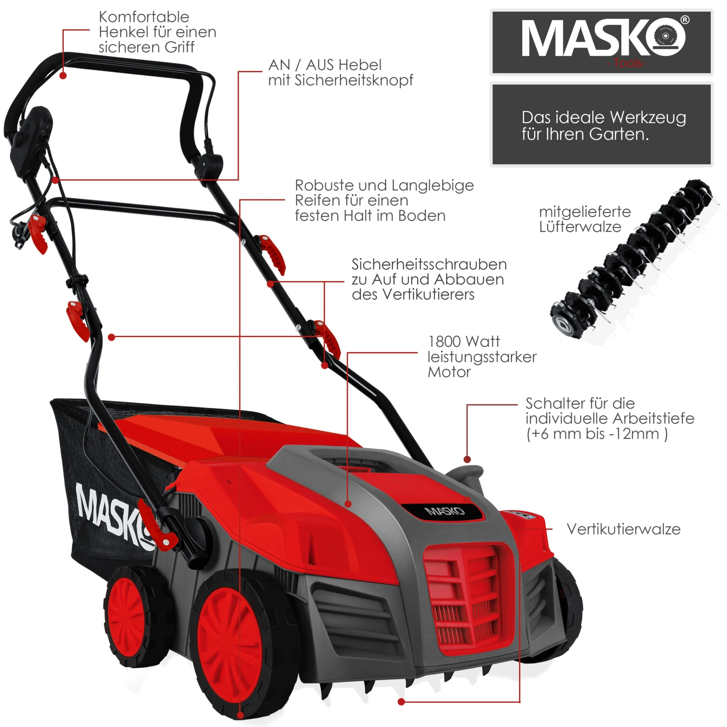MASKO® - Elektro 2in1 Vertikutierer Rasenlüfter 1800 Watt 40cm Arbeitsbreite 55L Fangkorb Inkl. Lüfterwalze Lüfter Moosentferner, 5-stufige Arbeitstiefe Einstellbar , Höhenverstellbarer Holm 4 MASKO® - Elektro 2in1 Vertikutierer Rasenlüfter 1800 Watt 40cm Arbeitsbreite 55L Fangkorb Inkl. Lüfterwalze Lüfter Moosentferner, 5-stufige Arbeitstiefe Einstellbar , Höhenverstellbarer Holm – Bild 2
