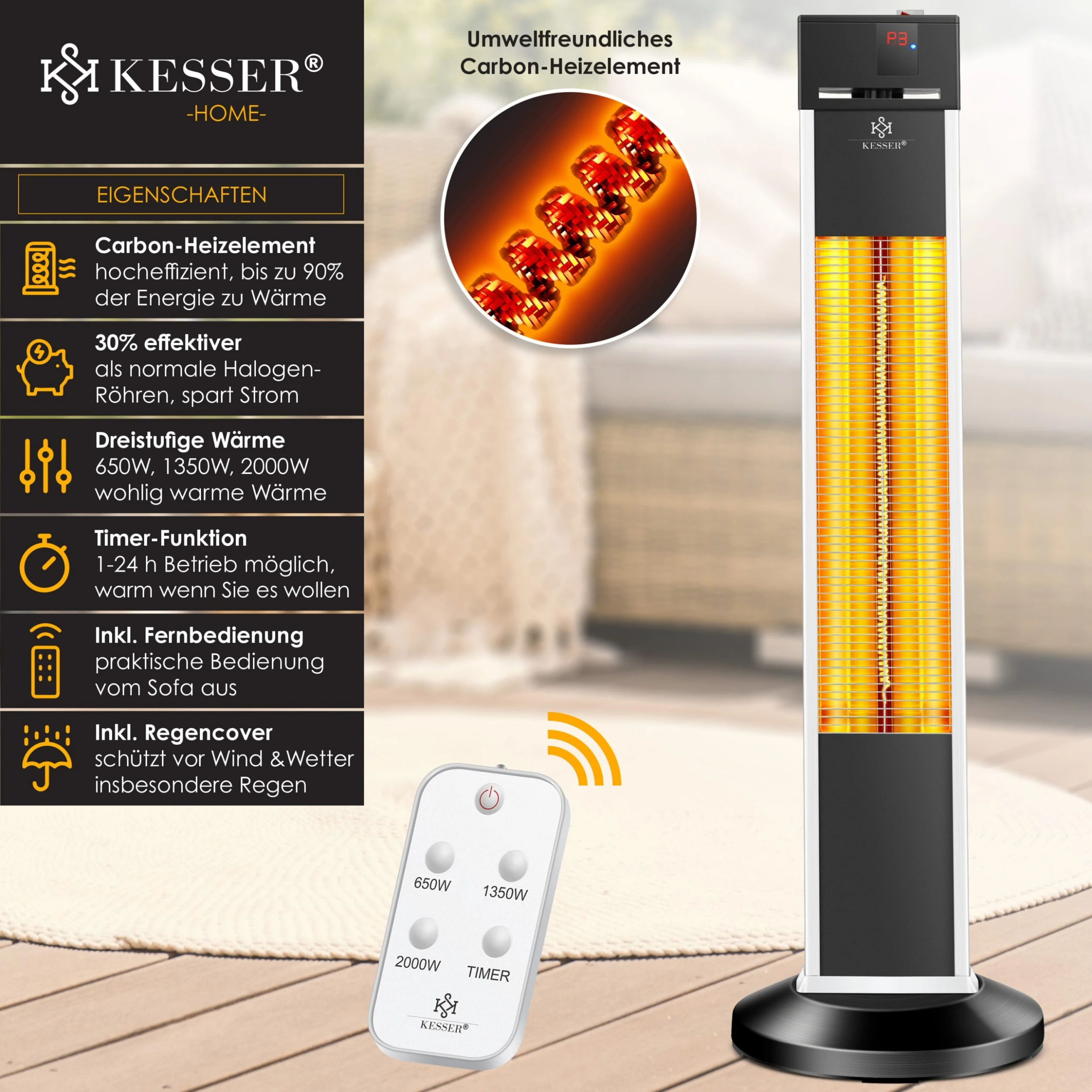 KESSER® Standheizstrahler Infrarot Stand Heizstrahler Inkl. Schutzhülle Wärmestrahler Terrasse Infrarotstrahler Turmheizstrahler 3 Heizstufen 2000 Watt Terrassenstrahler Mit Fernbedienung Timer 4 KESSER® Standheizstrahler Infrarot Stand Heizstrahler Inkl. Schutzhülle Wärmestrahler Terrasse Infrarotstrahler Turmheizstrahler 3 Heizstufen 2000 Watt Terrassenstrahler Mit Fernbedienung Timer – Bild 2
