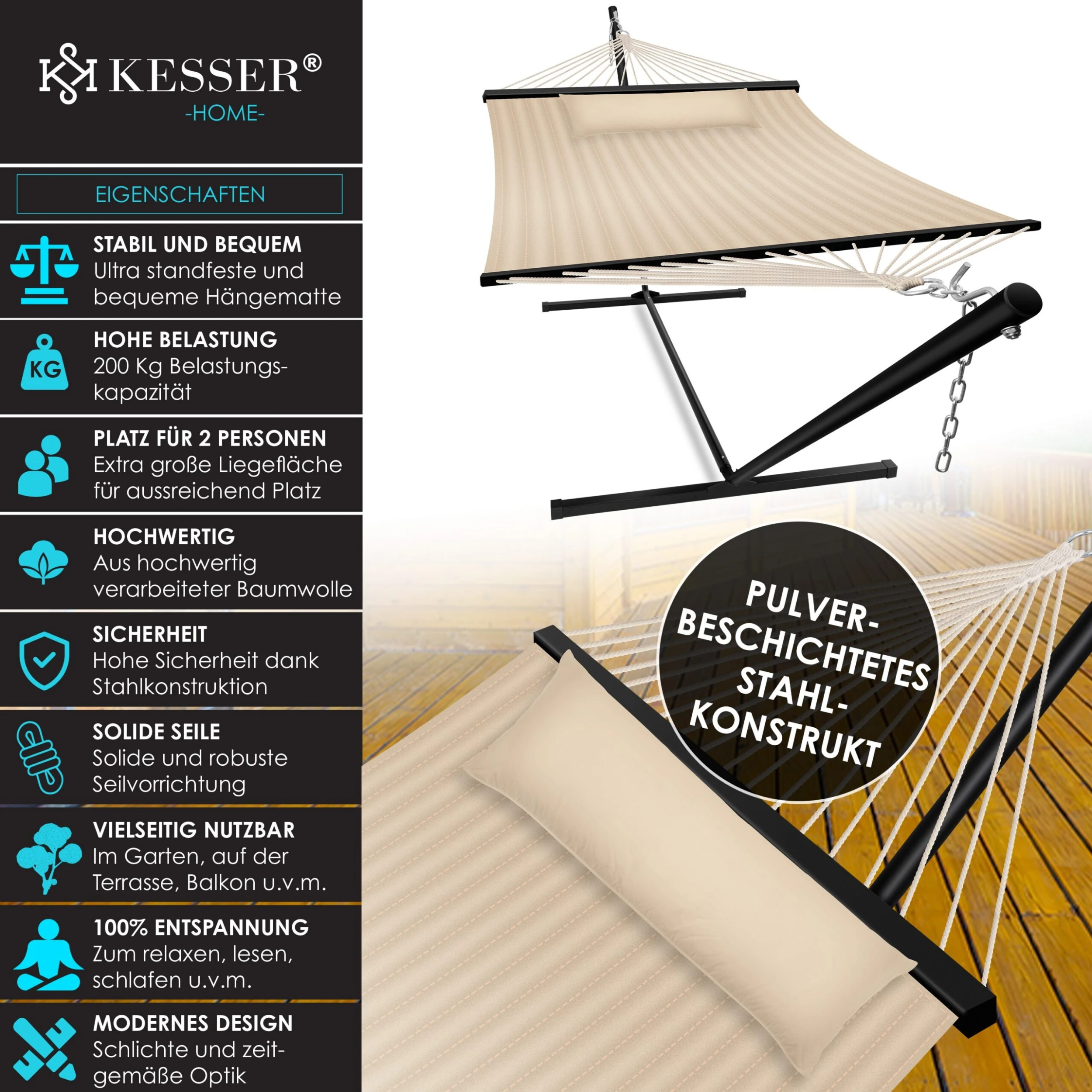 KESSER® Hängematte HILL Mit Gestell Kissen Doppelhängematte Für 2 Personen-Stabiler Rahmen -200kg Belastbarkeit Indoor & Outdoor XXL Hängesessel Doppel Mehrpersonen Garten Pool Balkon Terrasse 4 KESSER® Hängematte HILL Mit Gestell Kissen Doppelhängematte Für 2 Personen-Stabiler Rahmen -200kg Belastbarkeit Indoor & Outdoor XXL Hängesessel Doppel Mehrpersonen Garten Pool Balkon Terrasse – Bild 2