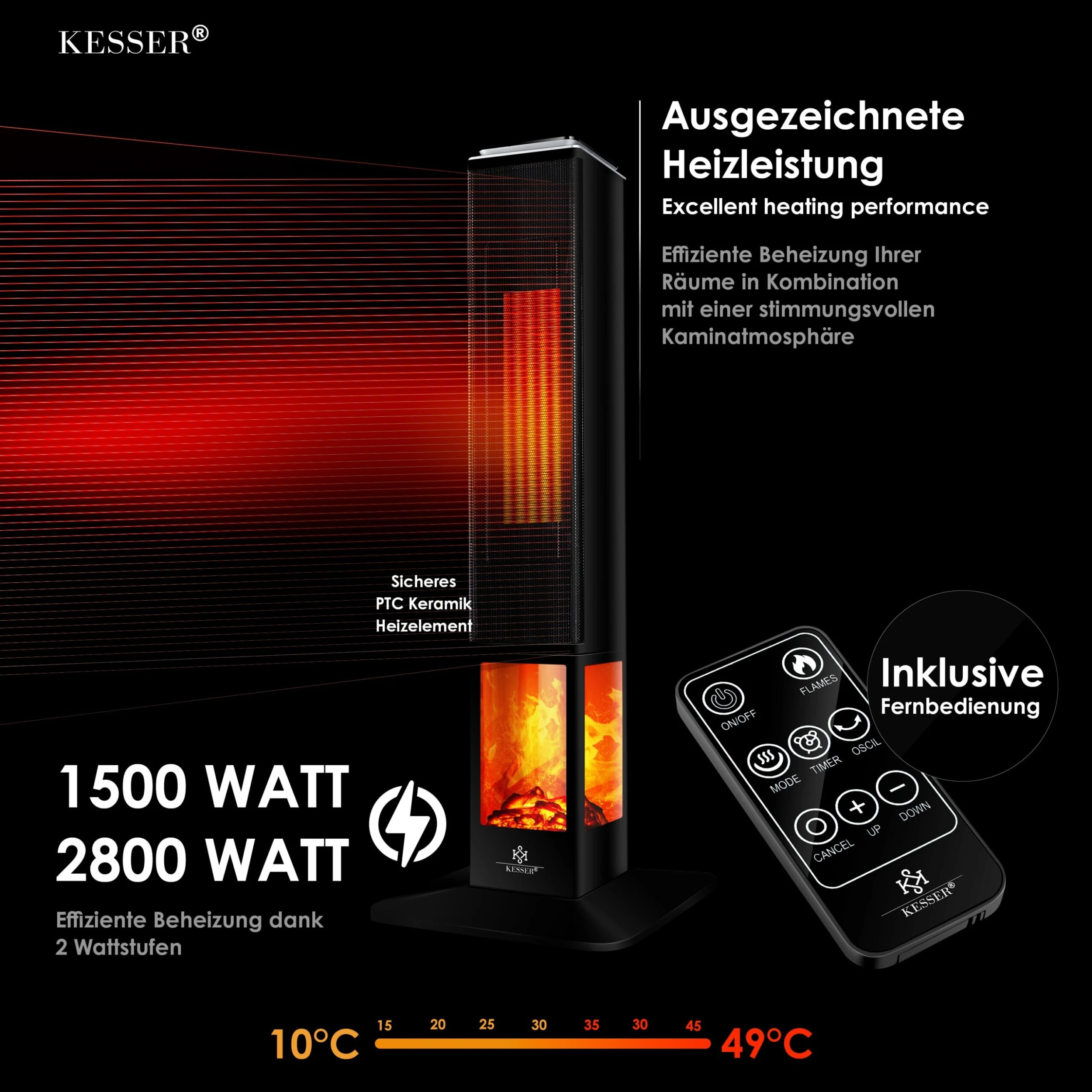 KESSER® Turmheizstrahler Heizstrahler Standheizstrahler Infrarot Mit Fernbedienung Timer Kamineffekt, Heizung Turm-Keramik-Heizer Heizlüfter Heizgerät Kamin Standheizung Mit Oszillationsfunktion 4 KESSER® Turmheizstrahler Heizstrahler Standheizstrahler Infrarot Mit Fernbedienung Timer Kamineffekt, Heizung Turm-Keramik-Heizer Heizlüfter Heizgerät Kamin Standheizung Mit Oszillationsfunktion – Bild 2