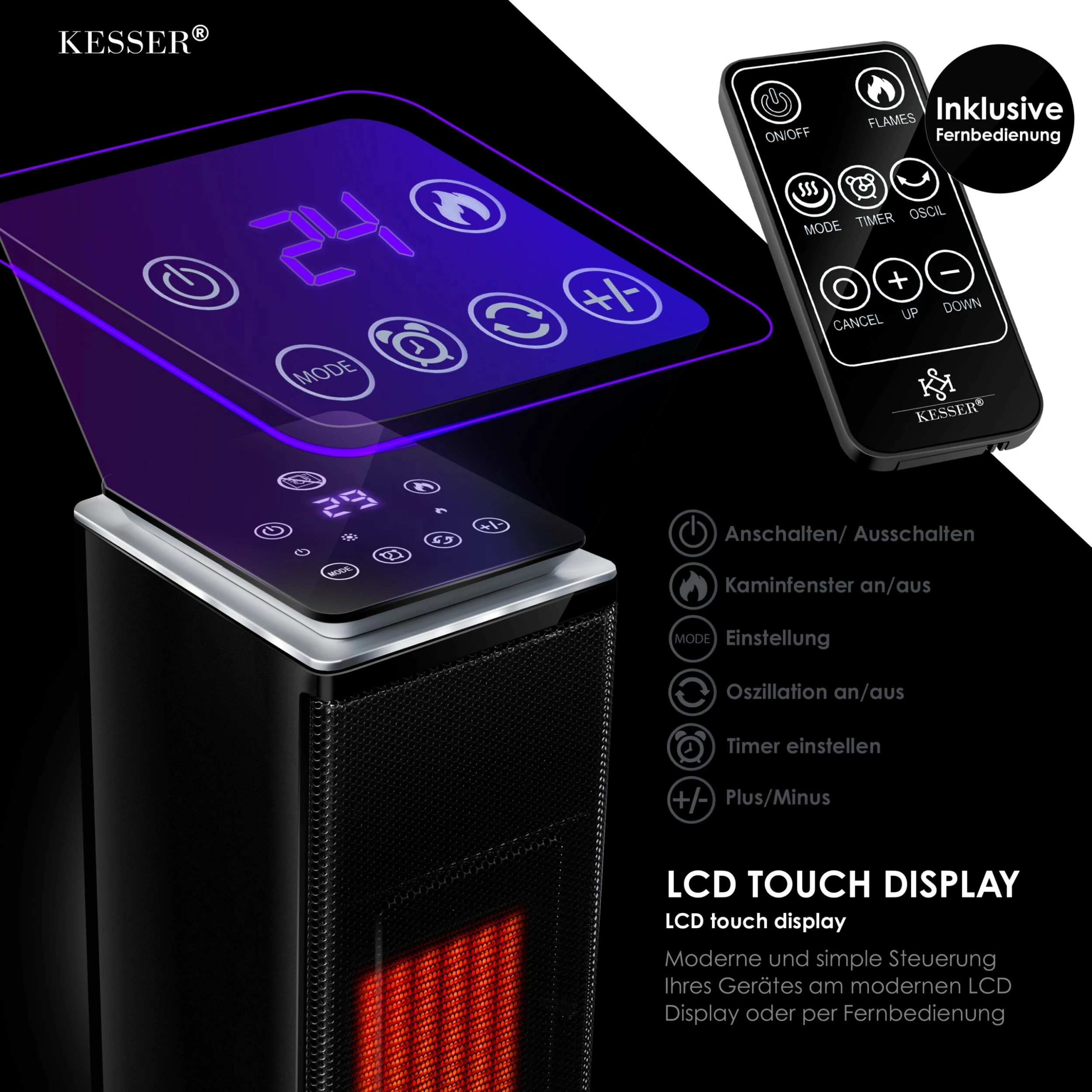 KESSER® Turmheizstrahler Heizstrahler Standheizstrahler Infrarot Mit Fernbedienung Timer Kamineffekt, Heizung Turm-Keramik-Heizer Heizlüfter Heizgerät Kamin Standheizung Mit Oszillationsfunktion 6 KESSER® Turmheizstrahler Heizstrahler Standheizstrahler Infrarot Mit Fernbedienung Timer Kamineffekt, Heizung Turm-Keramik-Heizer Heizlüfter Heizgerät Kamin Standheizung Mit Oszillationsfunktion – Bild 4