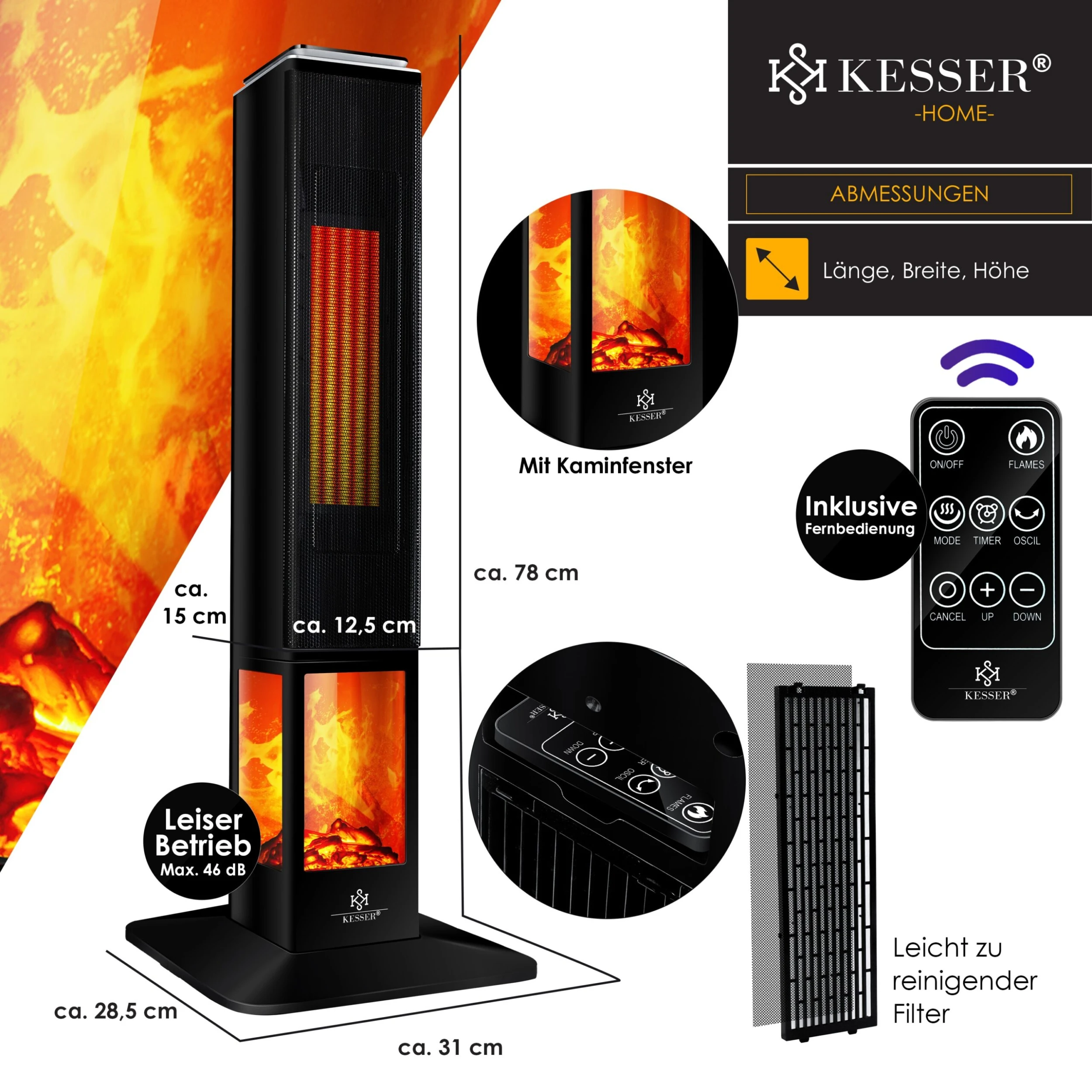 KESSER® Turmheizstrahler Heizstrahler Standheizstrahler Infrarot Mit Fernbedienung Timer Kamineffekt, Heizung Turm-Keramik-Heizer Heizlüfter Heizgerät Kamin Standheizung Mit Oszillationsfunktion 8 KESSER® Turmheizstrahler Heizstrahler Standheizstrahler Infrarot Mit Fernbedienung Timer Kamineffekt, Heizung Turm-Keramik-Heizer Heizlüfter Heizgerät Kamin Standheizung Mit Oszillationsfunktion – Bild 6