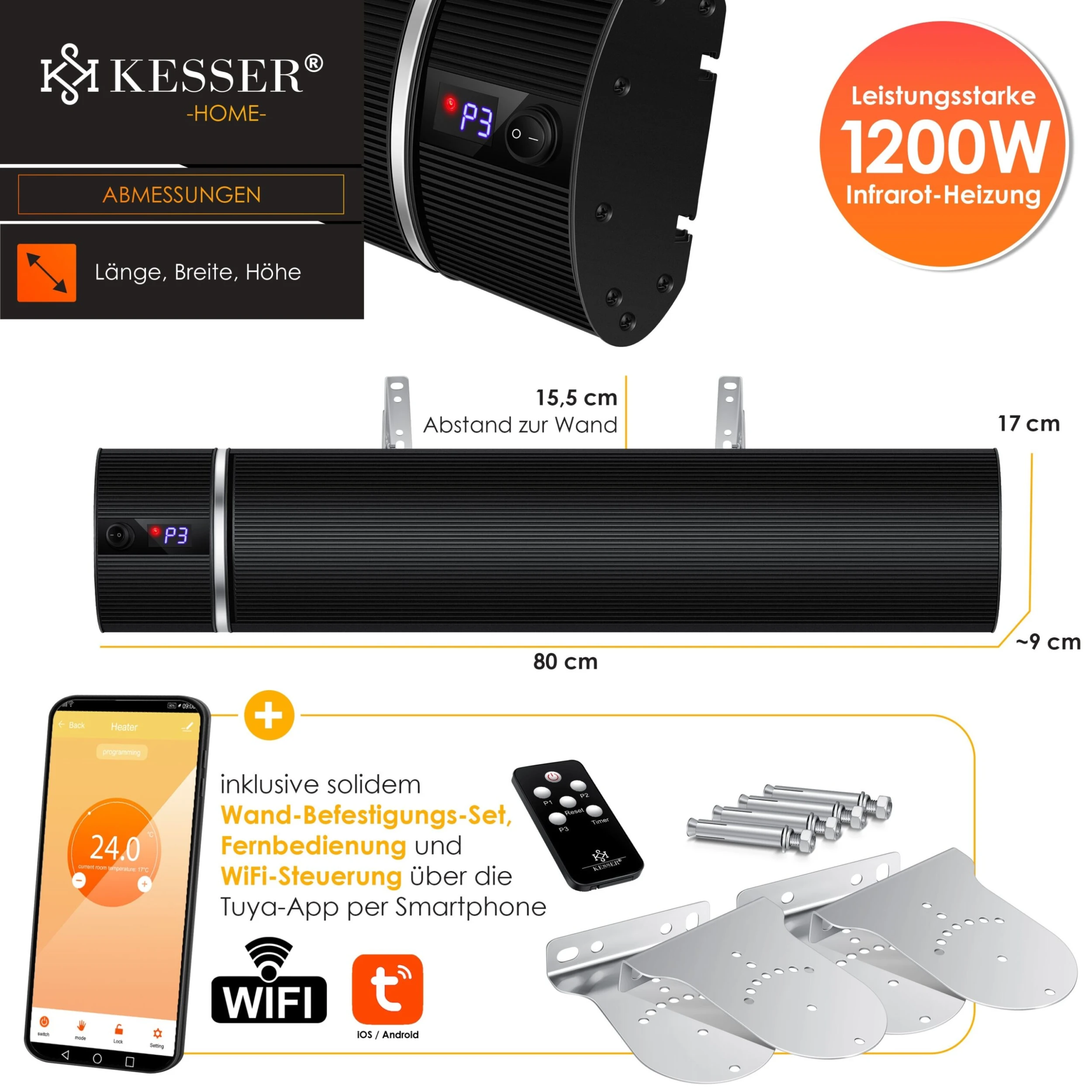 KESSER® Dunkelheizstrahler Heizstrahler Mit Fernbedienung & WiFi APP Terrassenheizer Infrarot-Heizstrahler Wand-Heizstrahler Schwarzstrahler Quarzstrahler Terrassenstrahler Balkonheizer Timer 7 KESSER® Dunkelheizstrahler Heizstrahler Mit Fernbedienung & WiFi APP Terrassenheizer Infrarot-Heizstrahler Wand-Heizstrahler Schwarzstrahler Quarzstrahler Terrassenstrahler Balkonheizer Timer – Bild 5